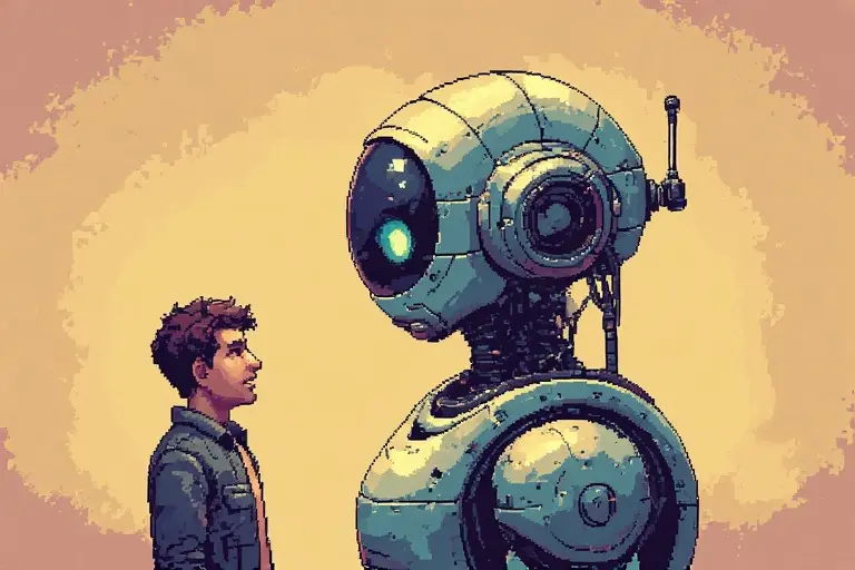 Illustrazione: persona di fronte a un robot - chatbot e salute mentale